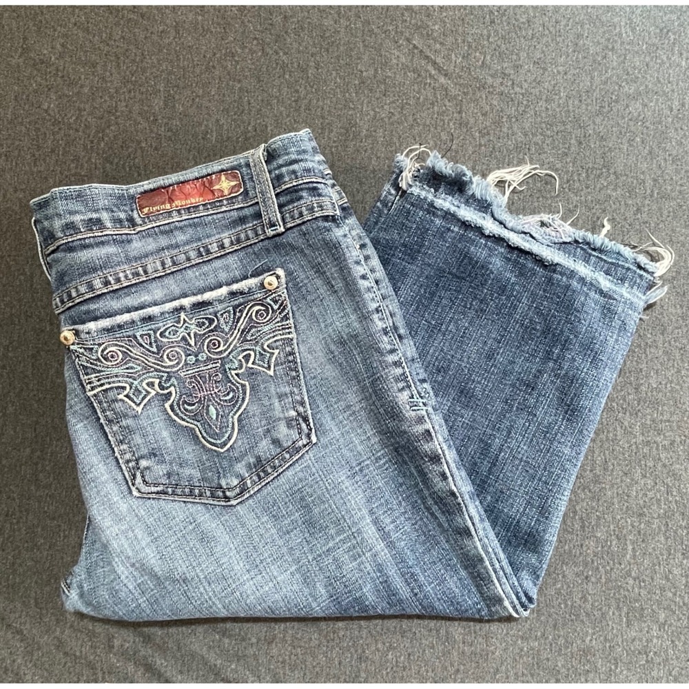 Flying‎ Monkey Bermuda Shorts Women 13 Blue Embroidered Frayed Hem USA